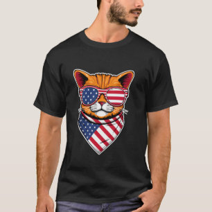 Camiseta Gato Patriótico Óculos de Sol Bandana Bandeira Ame