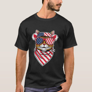 Camiseta Gato Patriótico Óculos de Sol Bandana Bandeira Ame