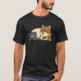 Camiseta gato peixe bebendo café assistindo leptop