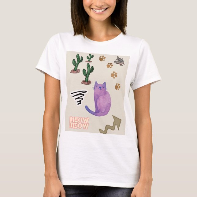 Camiseta Gato Peixe Cactus Meow Paws T-Shirt (Frente)