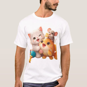 Camiseta Gato Peixe Rato Amigos Arte Kawaii Fofa