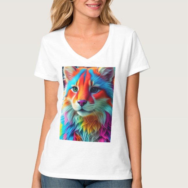 Camiseta Gato Peludo de Cores de Arco-Íris-68587 (Frente)