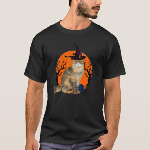 Camiseta Gato Persa Bonito Chapéu de Bruxa de Halloween e L