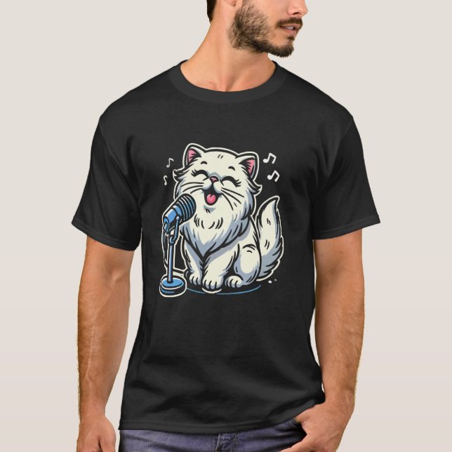 Camiseta Gato Persa Cantando Karaoke Microfone Música (Frente)