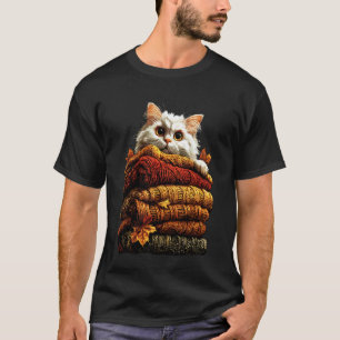 Camiseta Gato Persa Colorido Descansando com Folhas de Outo