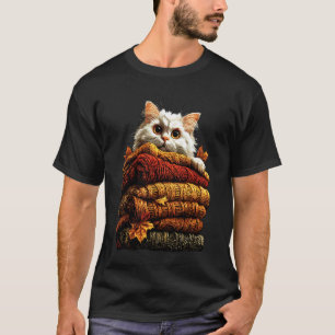 Camiseta Gato Persa Colorido Descansando com Folhas de Outo