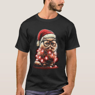 Camiseta Gato Persa de Natal Fofo com Óculos Chapéu de Papa