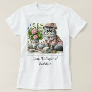 Camiseta Gato Persa em Pérolas de Chapéu Floral no Tea Part