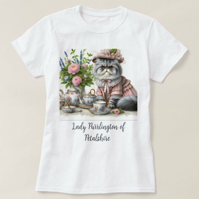 Camiseta Gato Persa em Pérolas de Chapéu Floral no Tea Part (Frente do Design)