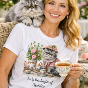 Camiseta Gato Persa em Pérolas de Chapéu Floral no Tea Part