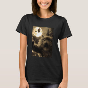 Camiseta Gato Persa Engraçado Selfie Lua Cheia Bruxa Voador