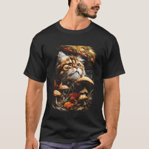 Camiseta Gato Persa Fofo com Folhas de Outono Cogumelos Out
