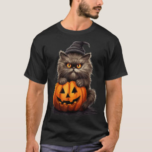 Camiseta Gato Persa Halloween Chapéu de Bruxa Abóbora