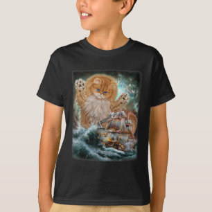 Camiseta Gato Persa Monstro Como Kraken Ataca Um Navio De G