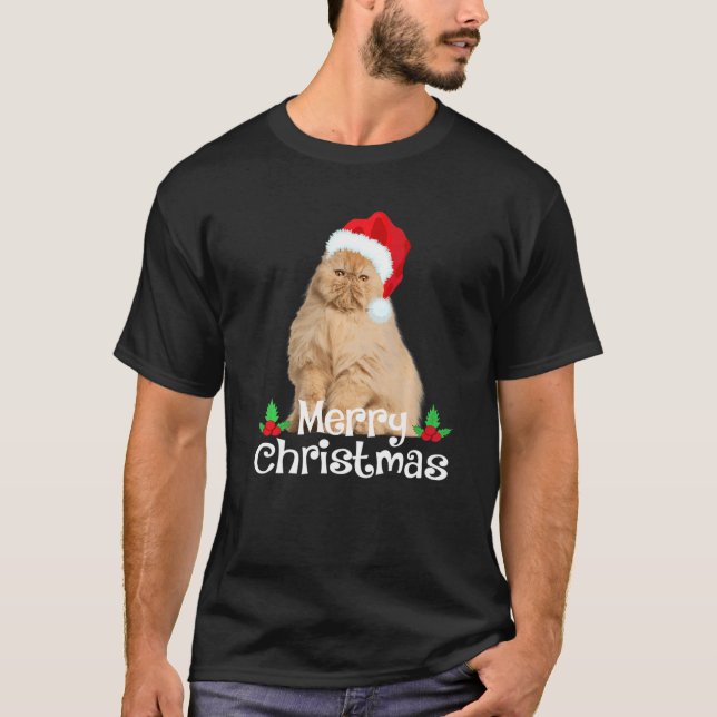 Camiseta Gato Pérsico de Natal Grito Xmas Santa Hat Tree Li (Frente)
