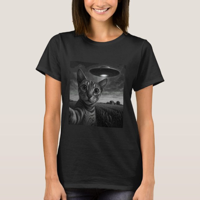 Camiseta Gato Peterbald Selfie com OVNI (Frente)