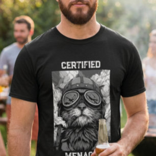 Camiseta Gato Piloto Engraçado Fumando um Charuto Preto e B