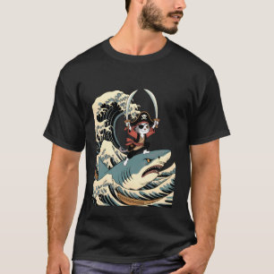 Camiseta Gato Pirata Engraçado Vintage Montando um Tubarão
