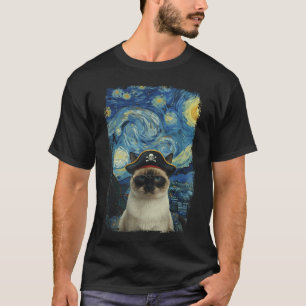 Camiseta Gato Pirata Noite Estrelada De Van Gogh Engraçado