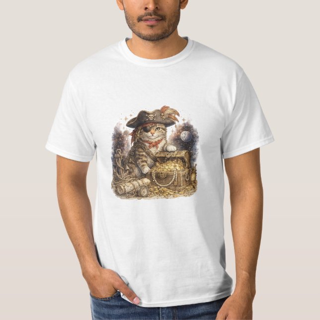 Camiseta Gato Pirata Vintage com Cofre do Tesouro (Frente)