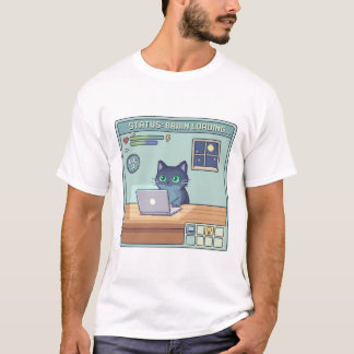 Camiseta Gato Pixel Carregando Cérebro – Gato Gamer Retrô E