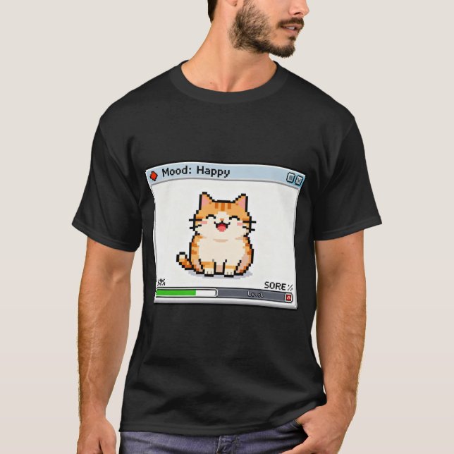 Camiseta Gato Pixel Sentindo-se Bem – Status Feliz de Jogo  (Frente)