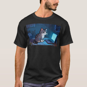 Camiseta Gato Pixel Trabalhando em Laptop à Noite – Meme Ac