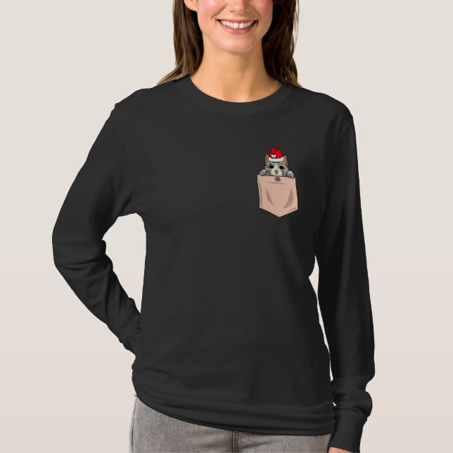 Camiseta Gato Pocket Natal Pocket Kitten Santa Hat Cute (Frente)