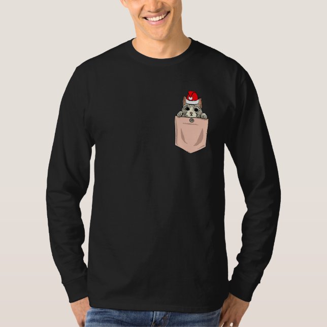 Camiseta Gato Pocket Natal Pocket Kitten Santa Hat Cute (Frente)