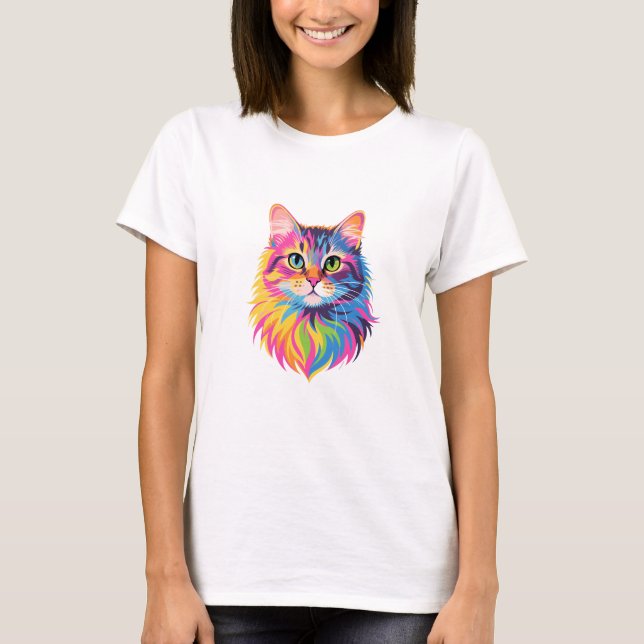 Camiseta Gato Pop Arco-Íris - Arte Felina Vibrante Vetor (Frente)