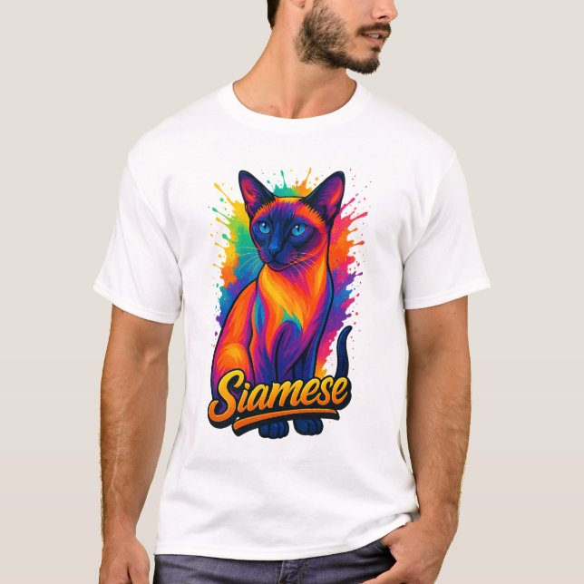 Camiseta Gato-Pop de-Arte Siamês - Estilo Vibrante da Rua N (Frente)
