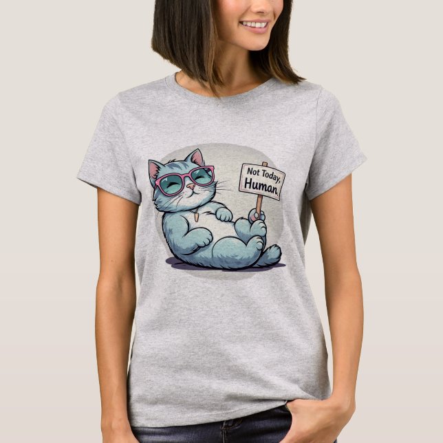 Camiseta Gato Preguiçoso Não Hoje Engraçado, Lado Gatinho R (Frente)