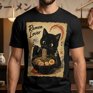 Camiseta Gato Preto Adorável Estilo de Arte Japonesa Felino