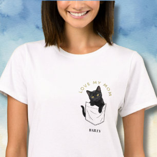 Camiseta Gato Preto Adorável no Bolso Nome Personalizado