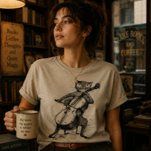 Camiseta Gato Preto Antigo e Divertido Tocando Instrumento