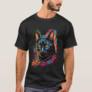 Camiseta Gato Preto Aquarela Realista Gato Fofo Pintura Cor