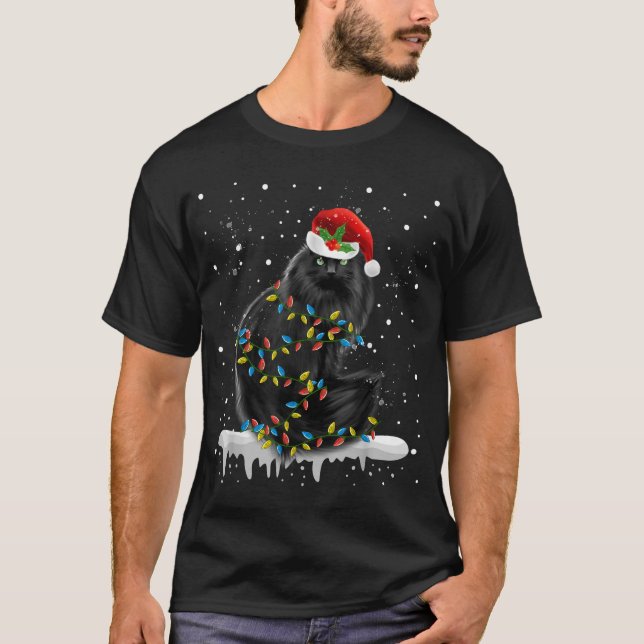 Camiseta Gato Preto às Luas de Natal Gata de Natal Engraçad (Frente)