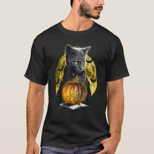 Camiseta Gato Preto Assustador Abóbora Lua Amantes de Gatos