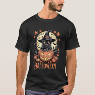 Camiseta Gato Preto Assustador Chapéu de Bruxa Abóbora Hall