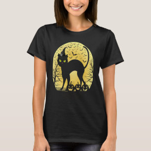 Camiseta Gato Preto Assustador com Chapéu de Bruxa Lua Chei