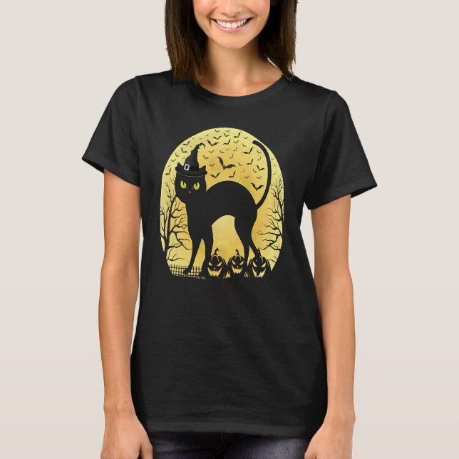 Camiseta Gato Preto Assustador com Chapéu de Bruxa Lua Chei (Frente)