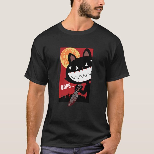 Camiseta Gato Preto Assustador Com Faca Mulheres De Hallowe (Frente)