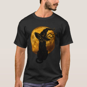 Camiseta Gato Preto Assustador Da Vintagem Com Lua Cheia De