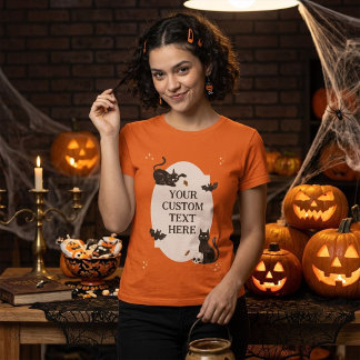 Camiseta Gato Preto Assustador de Halloween Adicione Seu Te