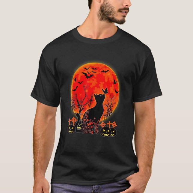 Camiseta Gato Preto Assustador de Halloween Lua Abóbora (Frente)