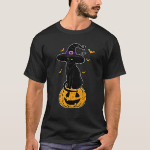 Camiseta Gato Preto Assustador do Dia das Bruxas Chapéu de