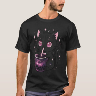 Camiseta Gato Preto Bebendo Boba Chá de Bolhas Gótico