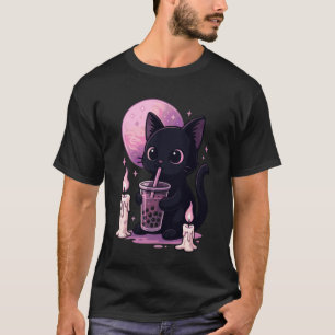 Camiseta Gato Preto Bebendo Boba Chá de Bolhas Gótico