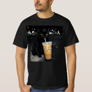 Camiseta Gato Preto Bebendo Café Gelado