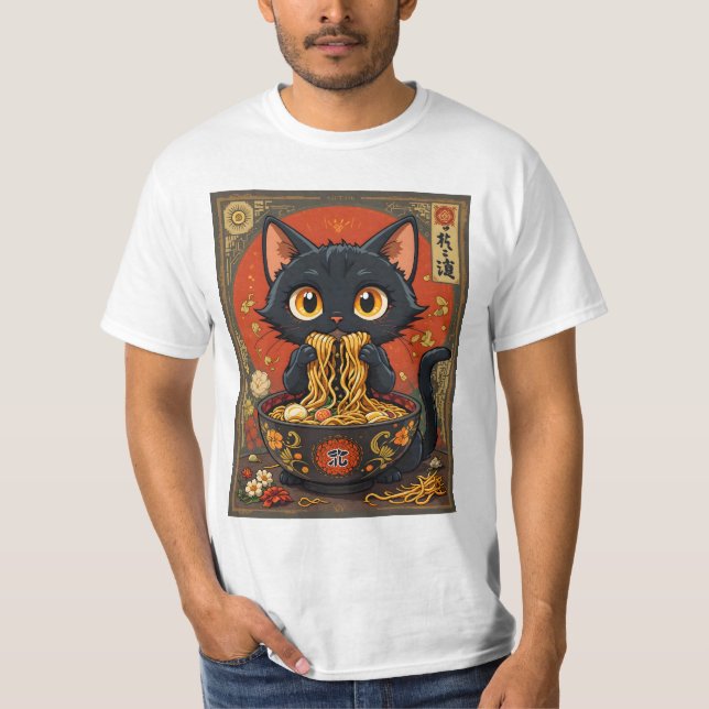 Camiseta Gato Preto Bonito com Noodles (Frente)